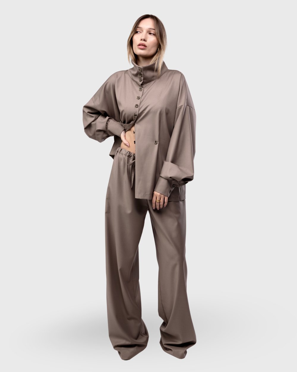 Taupe shirt and matching wide trousers