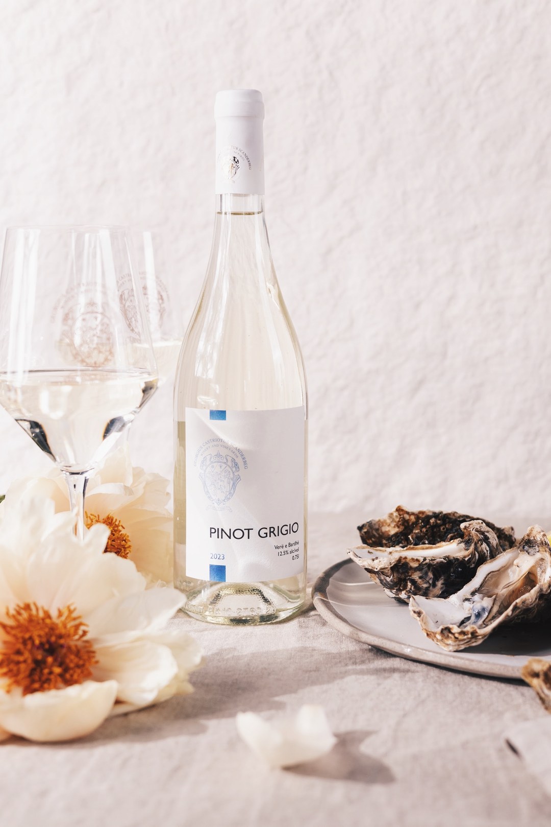 Pinot Grigio with oysters and white peonies