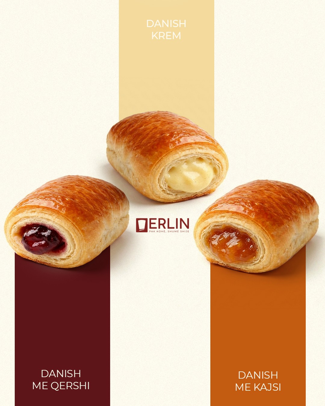 Three Erlin danish pastries: cream, cherry and apricot