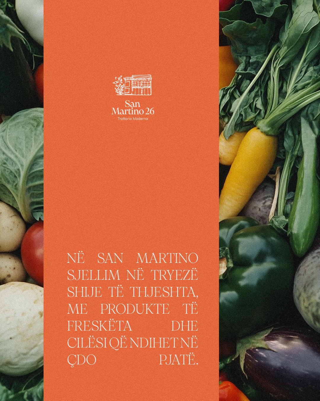 Orange post on fresh produce and simple flavours, framed by vegetables