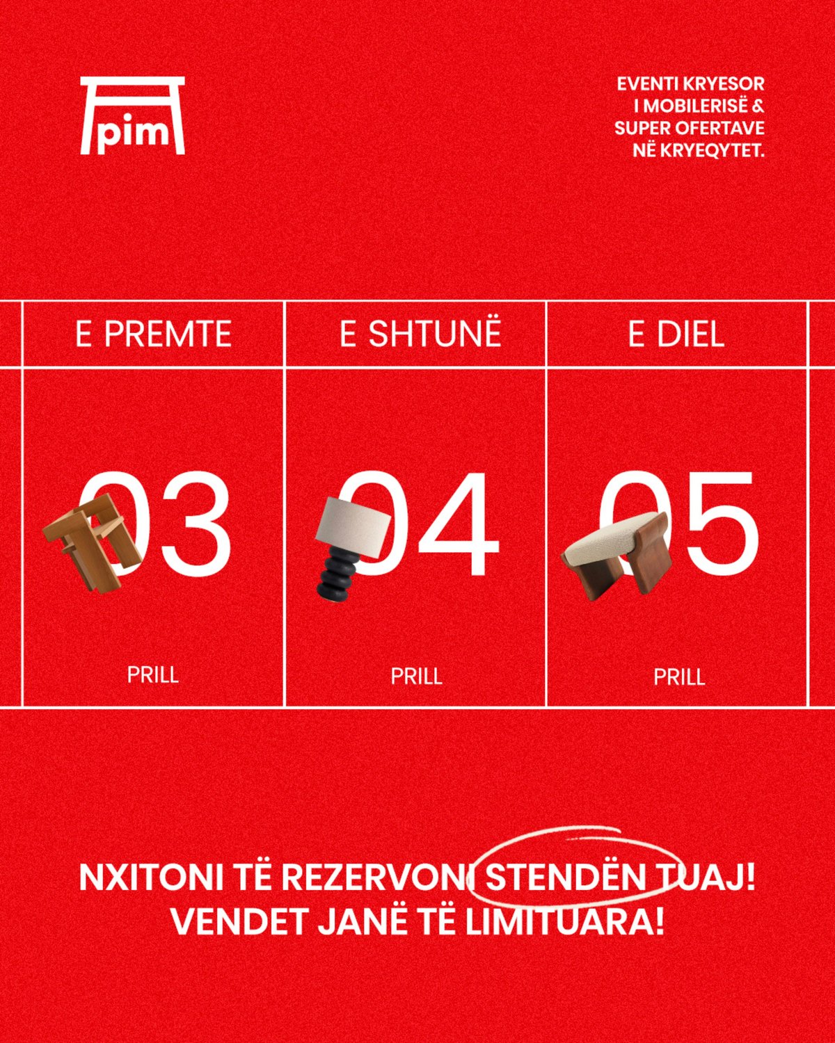 Red calendar post for Friday to Sunday, 3–5 April, with furniture cut-outs