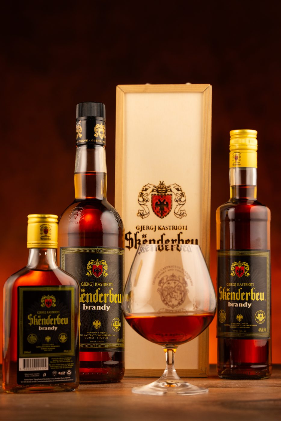 Skënderbeu brandy range with wooden gift box