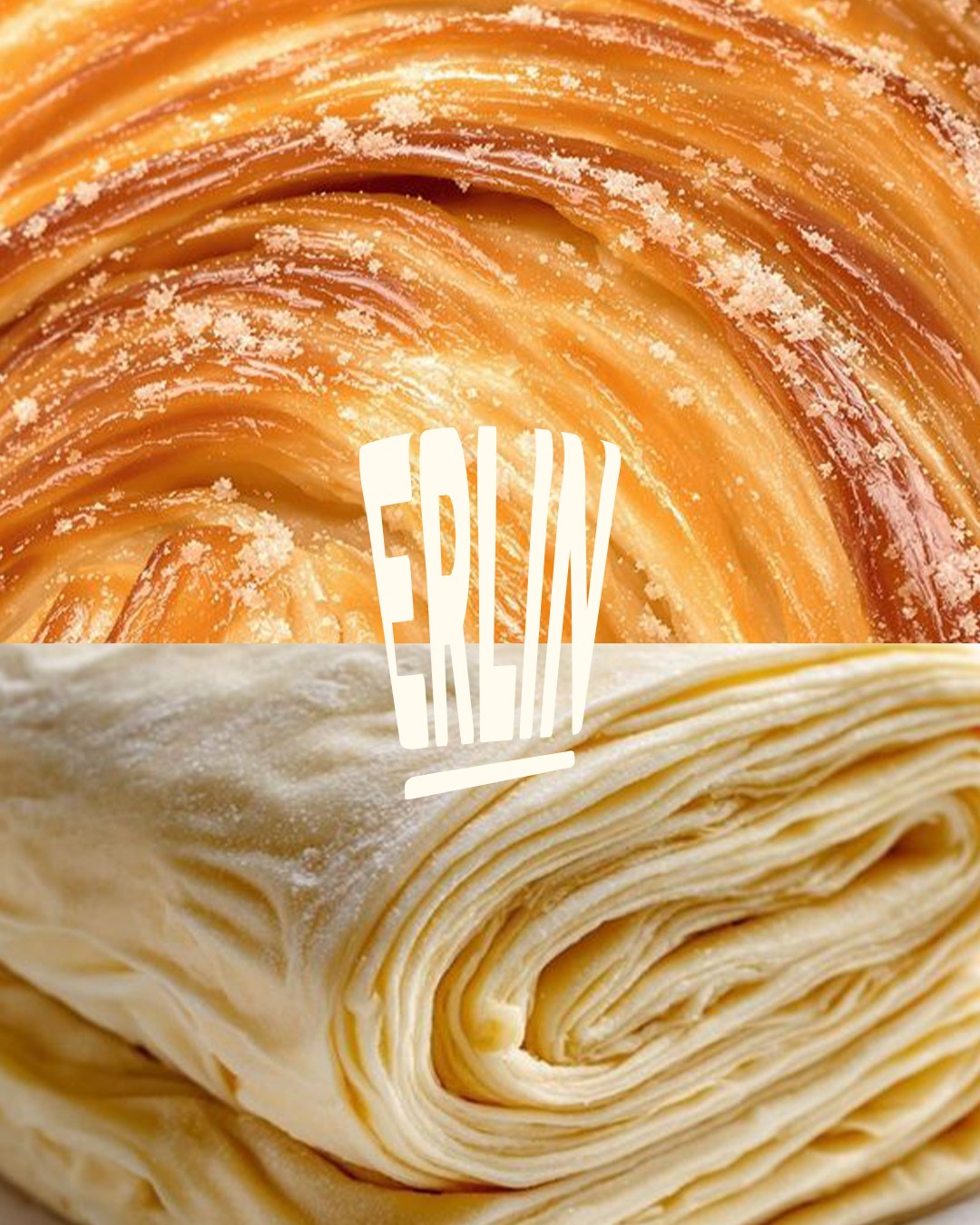 ERLIN wordmark between a baked croissant and raw pastry