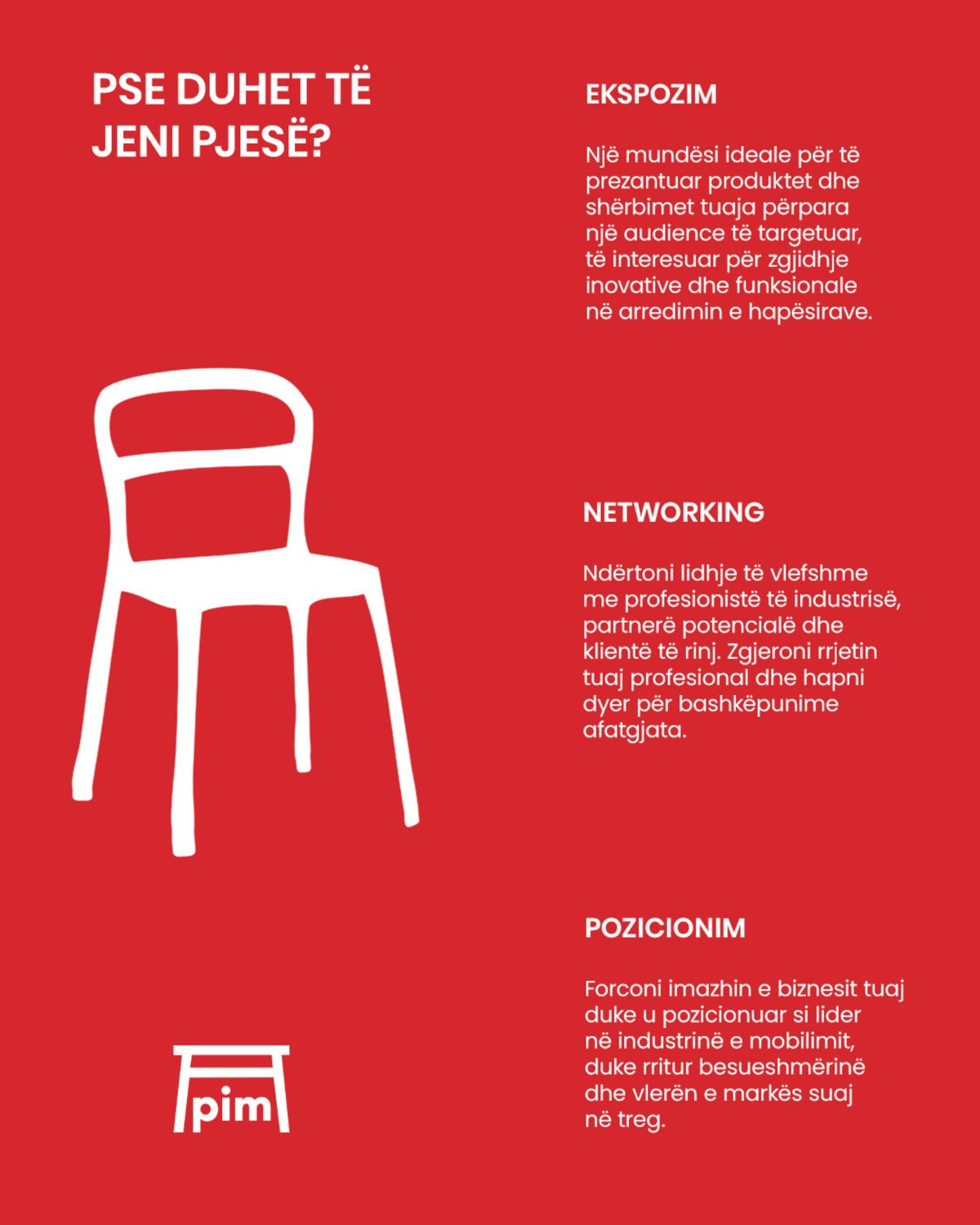 Why be part of it: exposure, networking and positioning, with a white chair on red