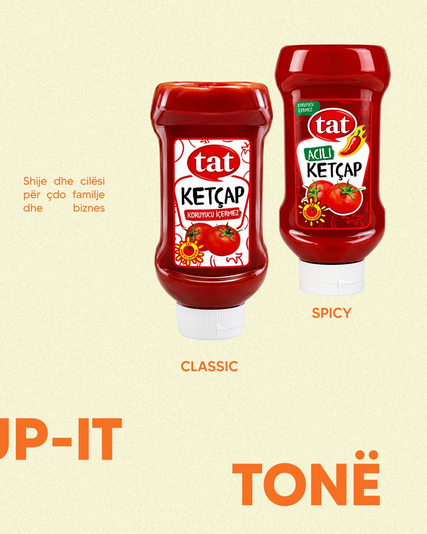 TAT ketchup, Classic and Spicy, on a cream background