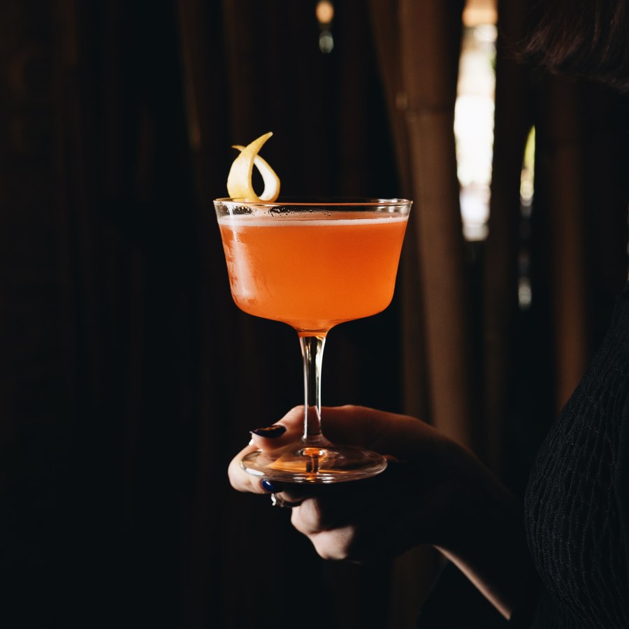 Hand holding a Mayfair cocktail in a coupe glass with a lemon twist