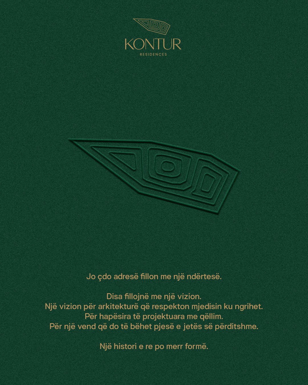 Embossed contour mark on forest green with the Kontur manifesto: not every address begins with a building