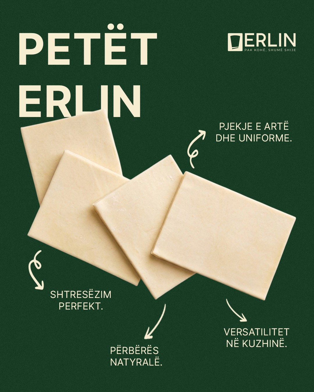 Erlin puff pastry sheets with product benefits on deep green