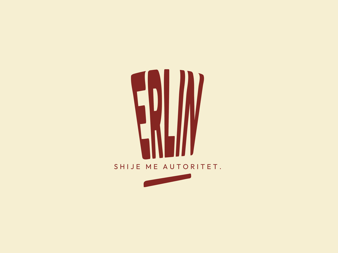 Erlin vertical logo in red on cream with tagline Shije me autoritet
