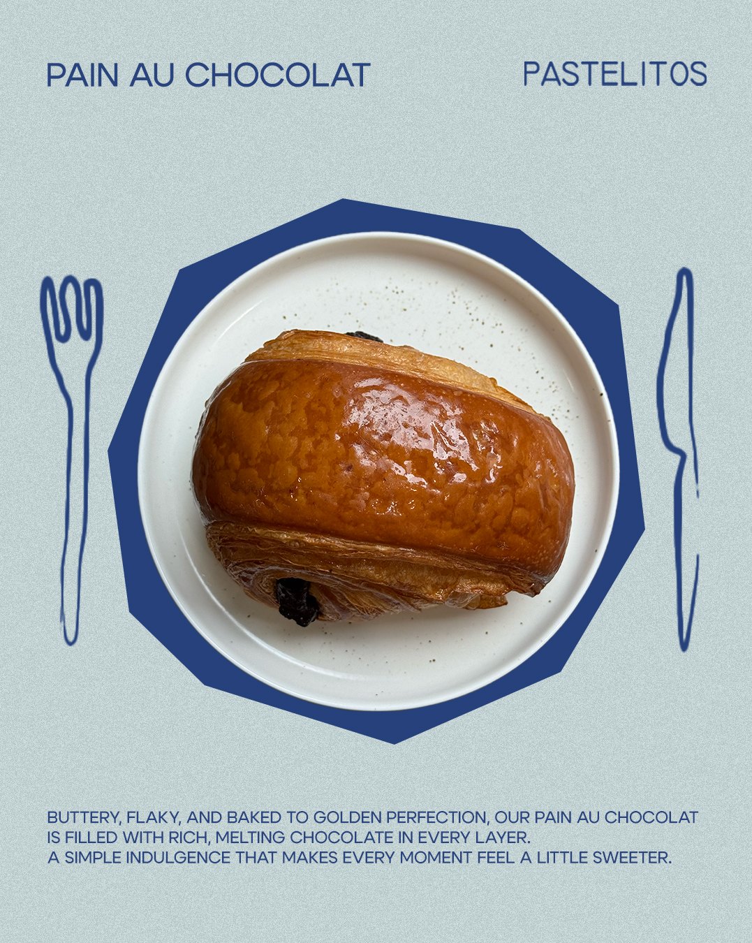 Pain au chocolat on a plate with drawn cutlery