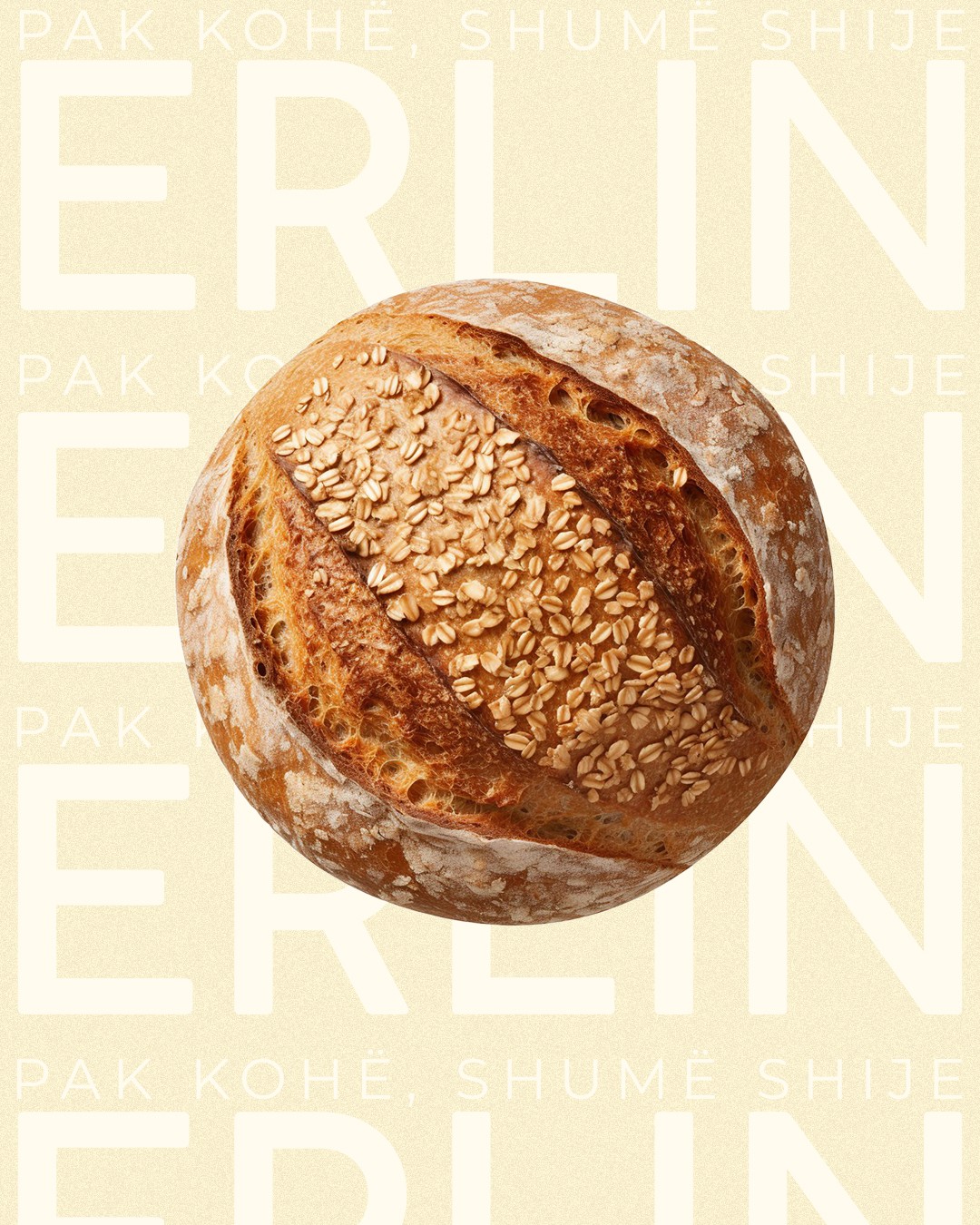 Loaf of oat bread over a repeated ERLIN pattern