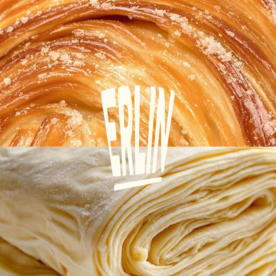 ERLIN wordmark between a baked croissant and raw pastry