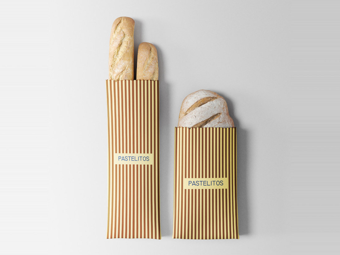 Striped Pastelitos bread sleeves with baguettes and a loaf