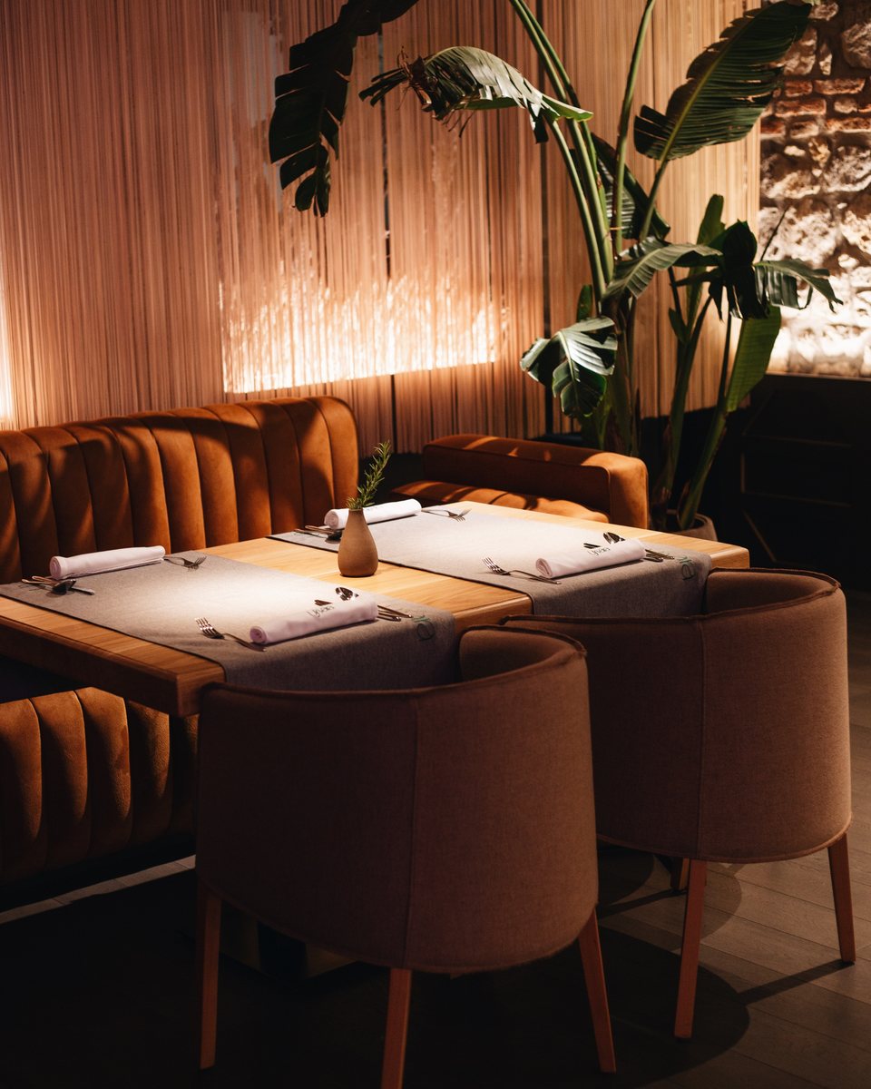 Ujvara dining room: velvet booth, set table and palm in warm light