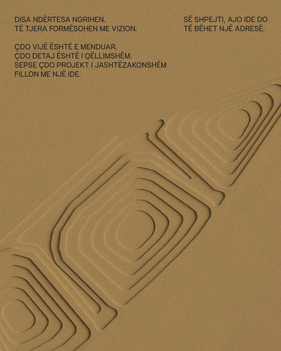 Contour lines embossed in gold: some buildings rise, others are shaped by vision