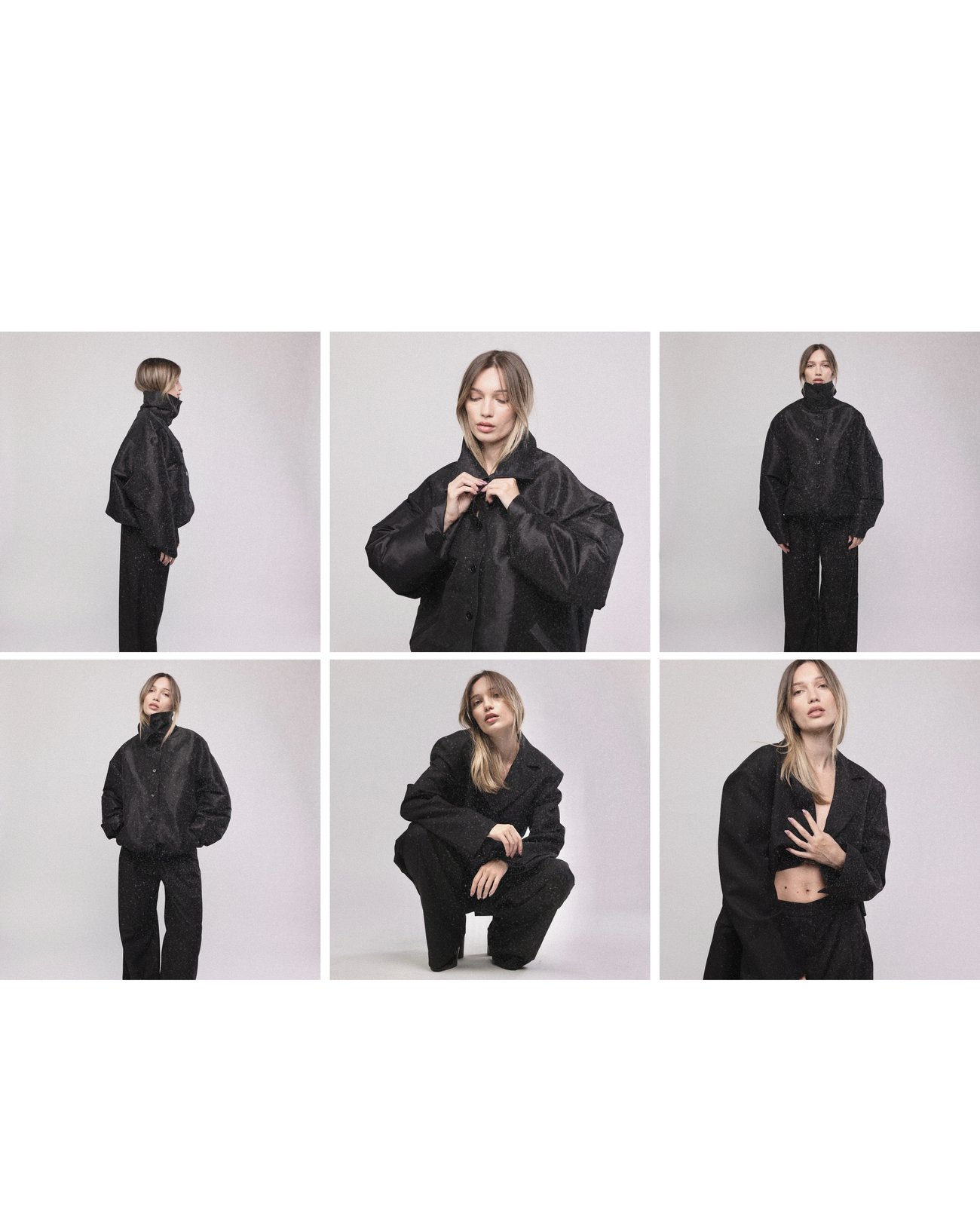 Contact sheet of black bomber and suit looks