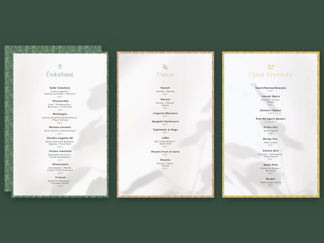 Ujvara menus for desserts, pasta and main courses with colored pattern borders