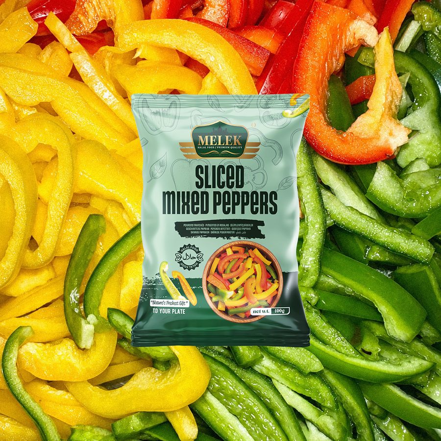 Melek sliced mixed peppers pack over red, yellow and green pepper strips