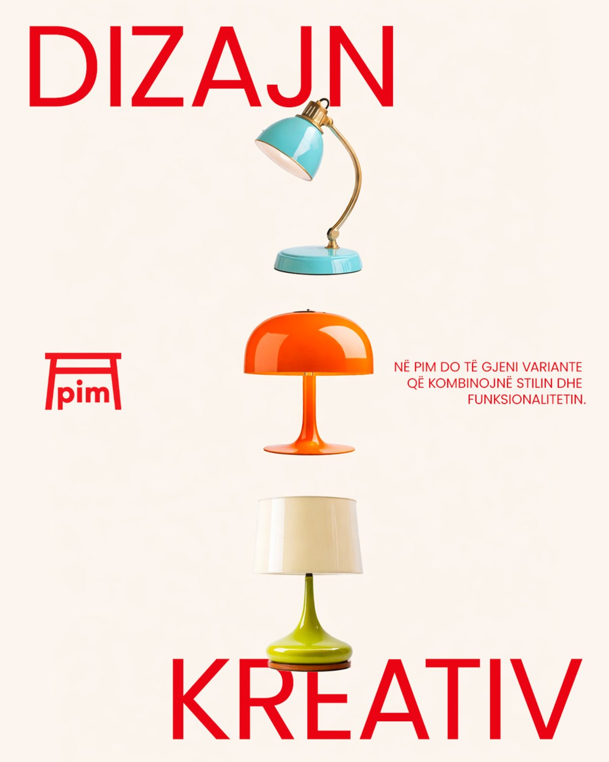 Dizajn kreativ post with three colourful table lamps