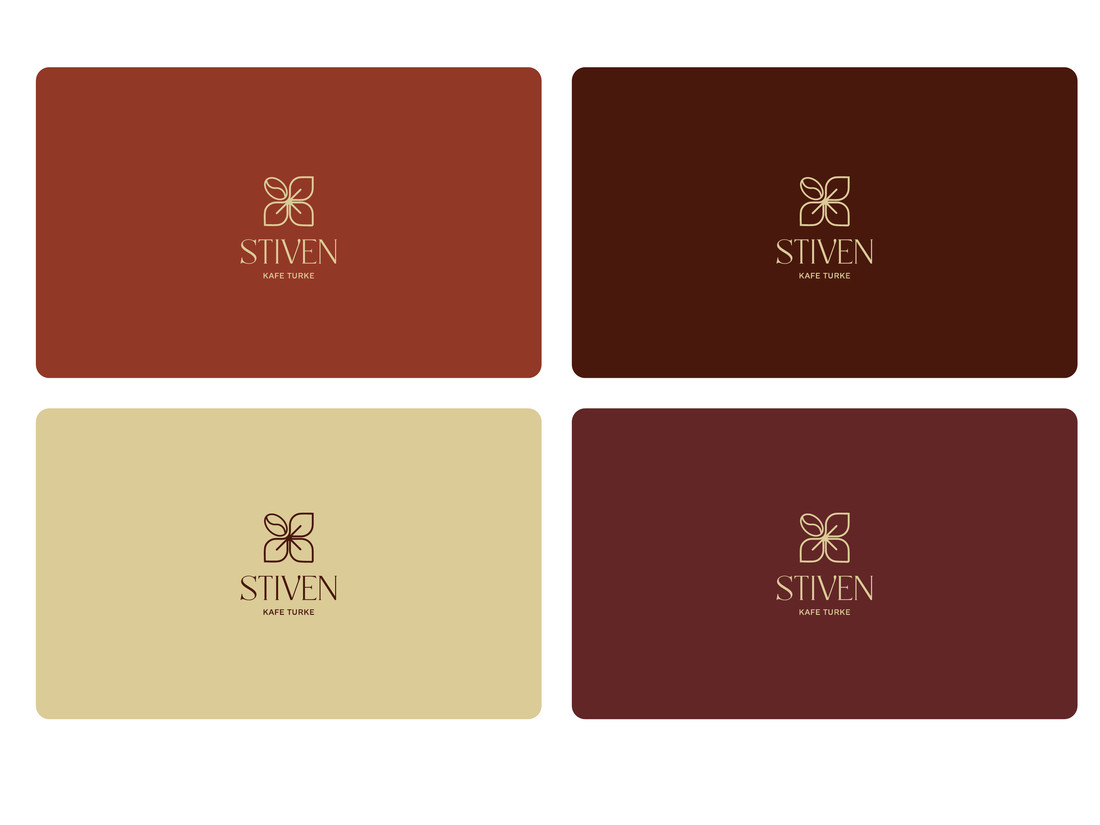 Stiven logo on terracotta, coffee brown, cream and burgundy backgrounds