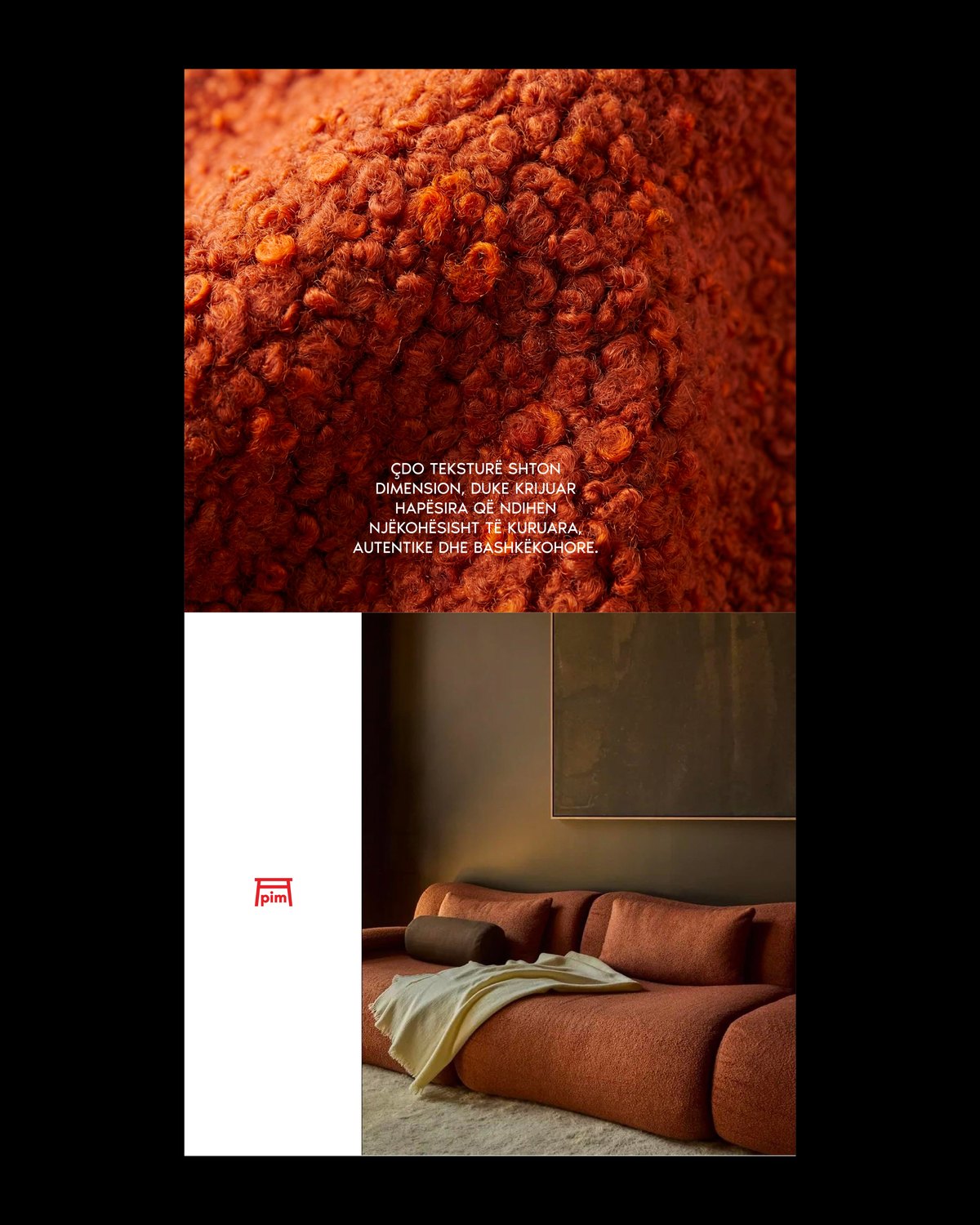 Orange bouclé texture above a rust sofa, with the PIM logo