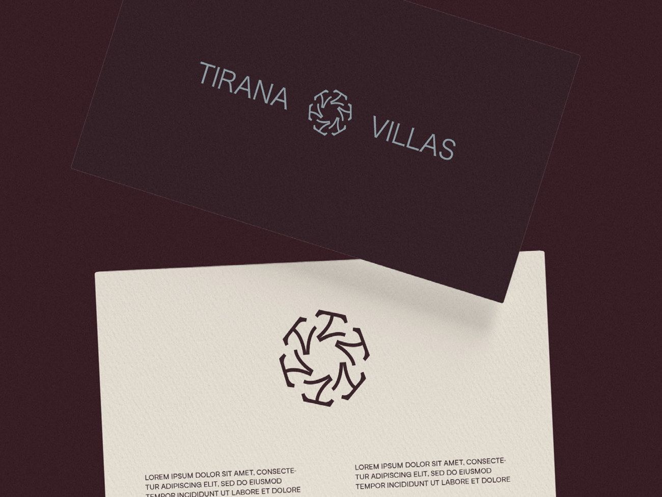 Tirana Villas business card and letterhead on deep burgundy