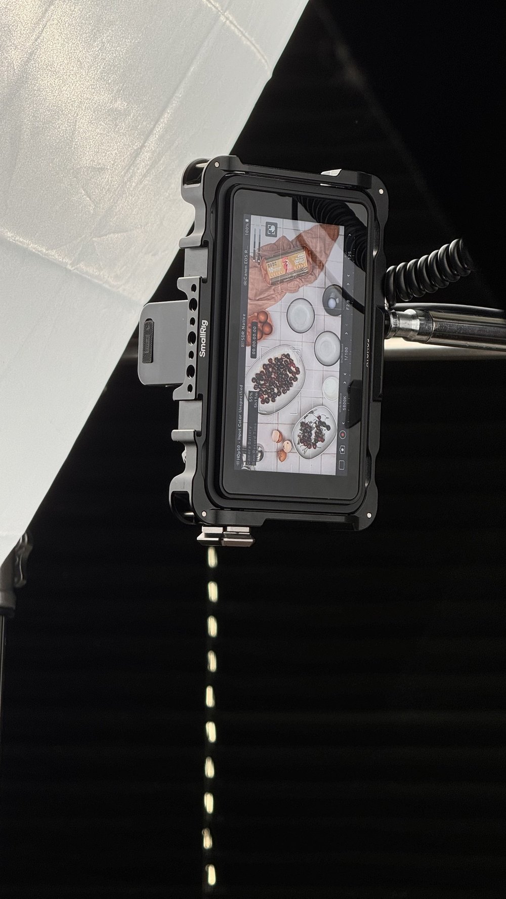 Camera monitor on set showing a food still life in progress