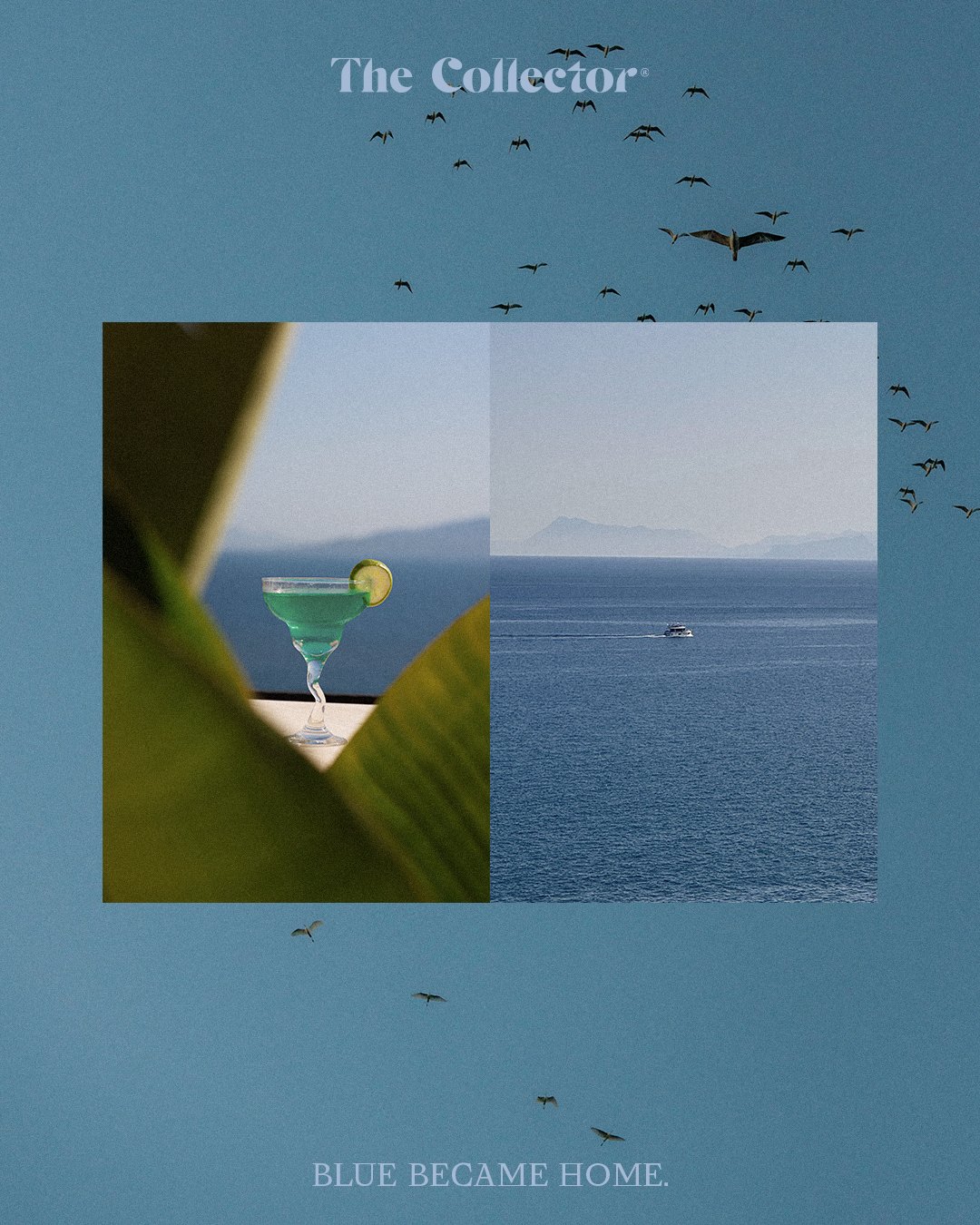 Blue became home: cocktail and sea framed on blue