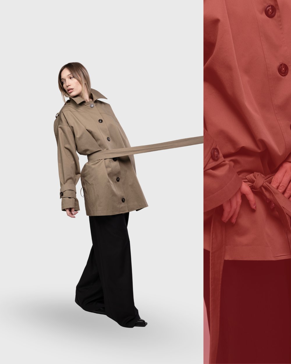 Khaki trench split with a red panel and a coral detail shot