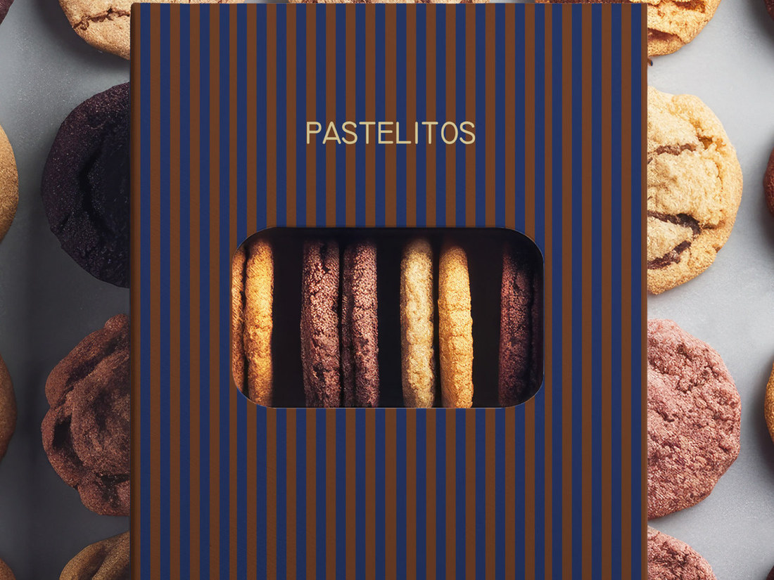 Navy and brown striped Pastelitos cookie box with window