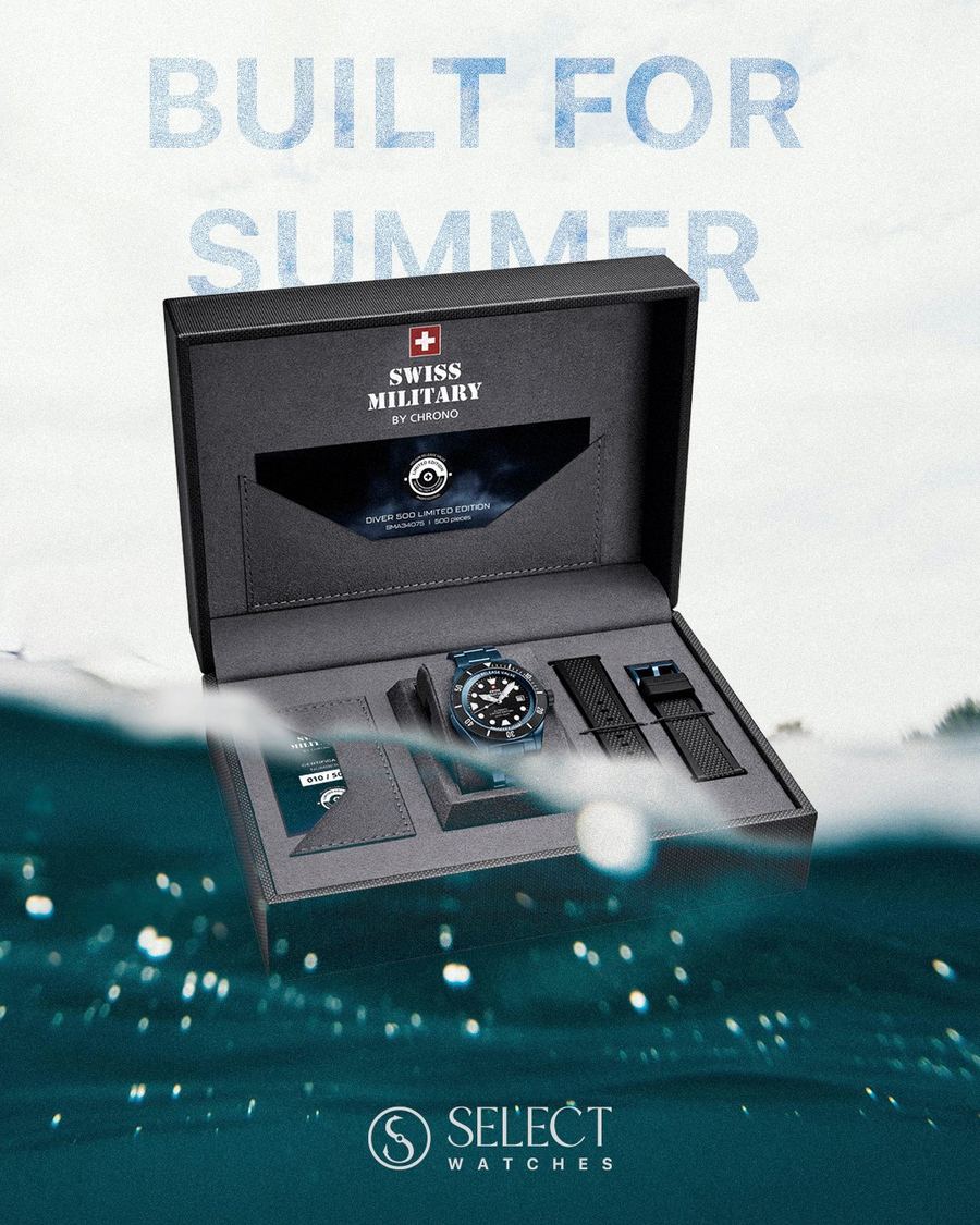 Built for summer: Swiss Military Diver 500 limited edition box at the waterline