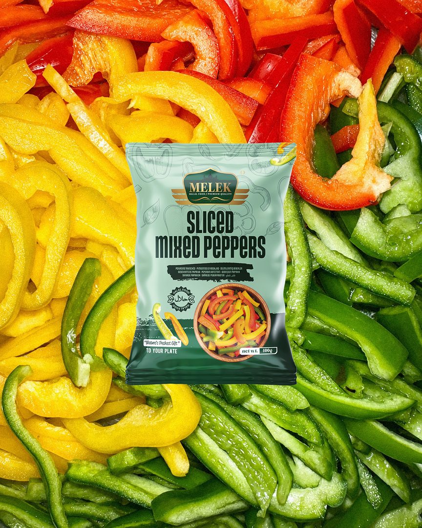 Melek sliced mixed peppers pack over red, yellow and green pepper strips
