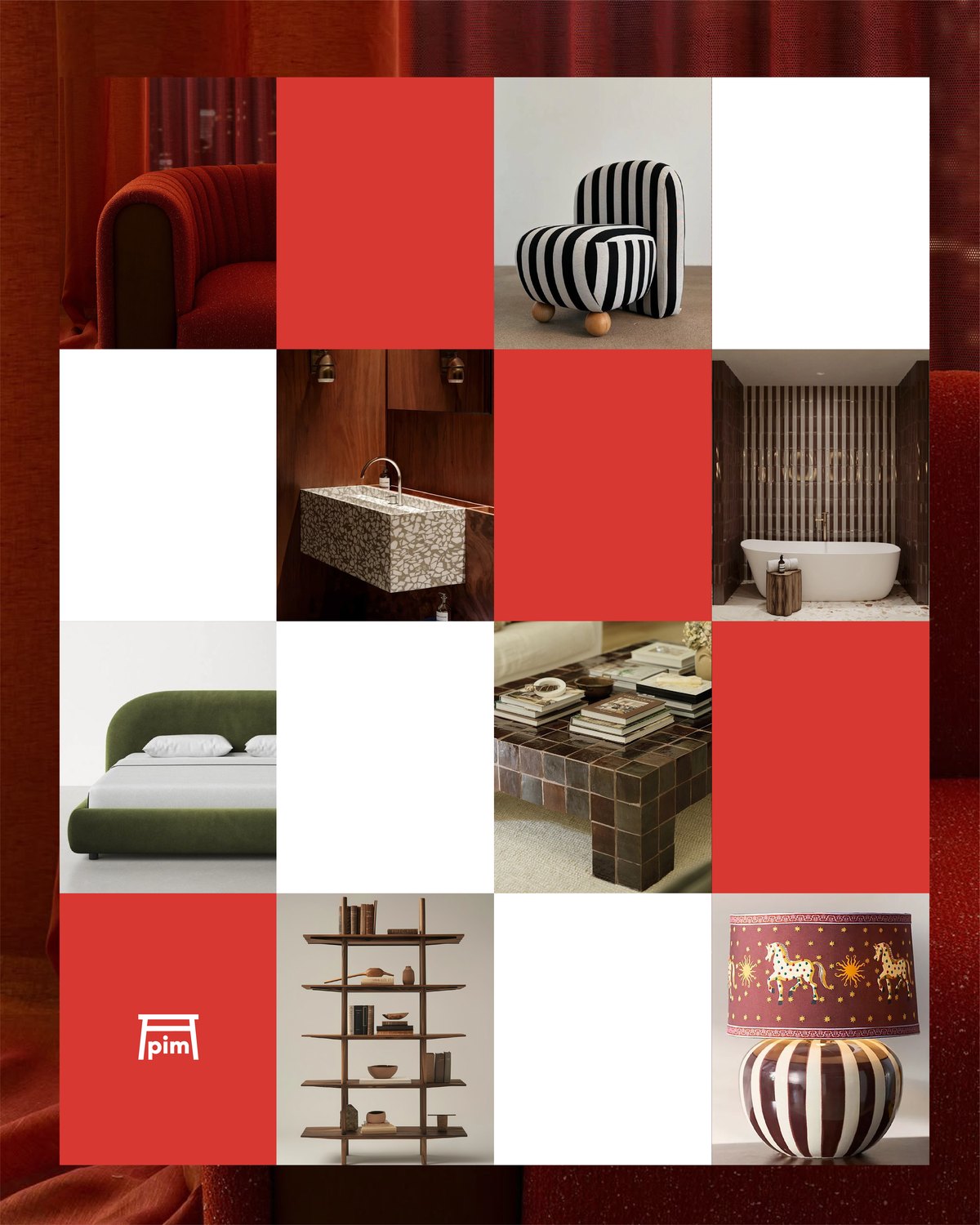 Red and white checkerboard grid of furniture pieces