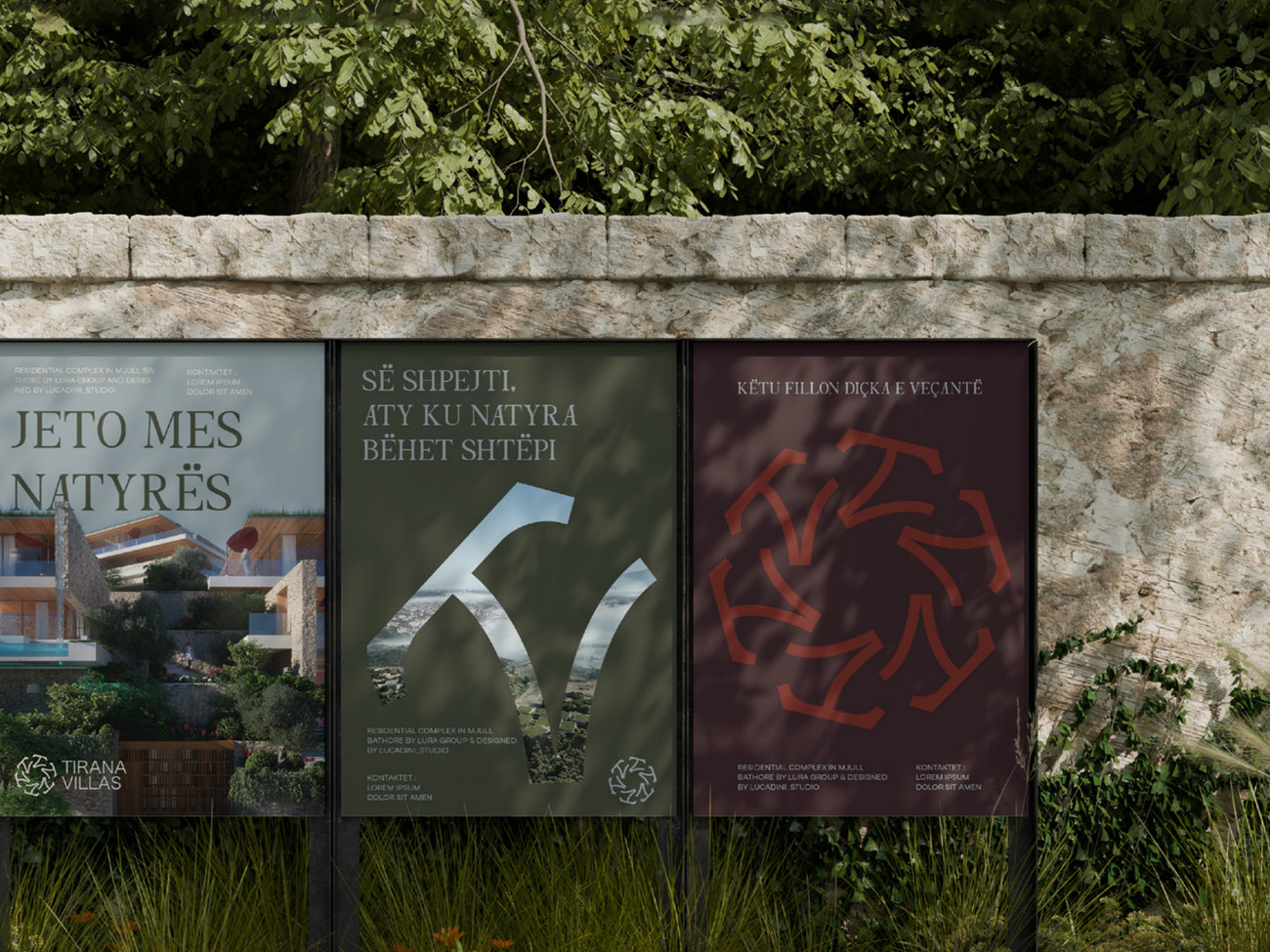 Three Tirana Villas outdoor posters on a stone wall