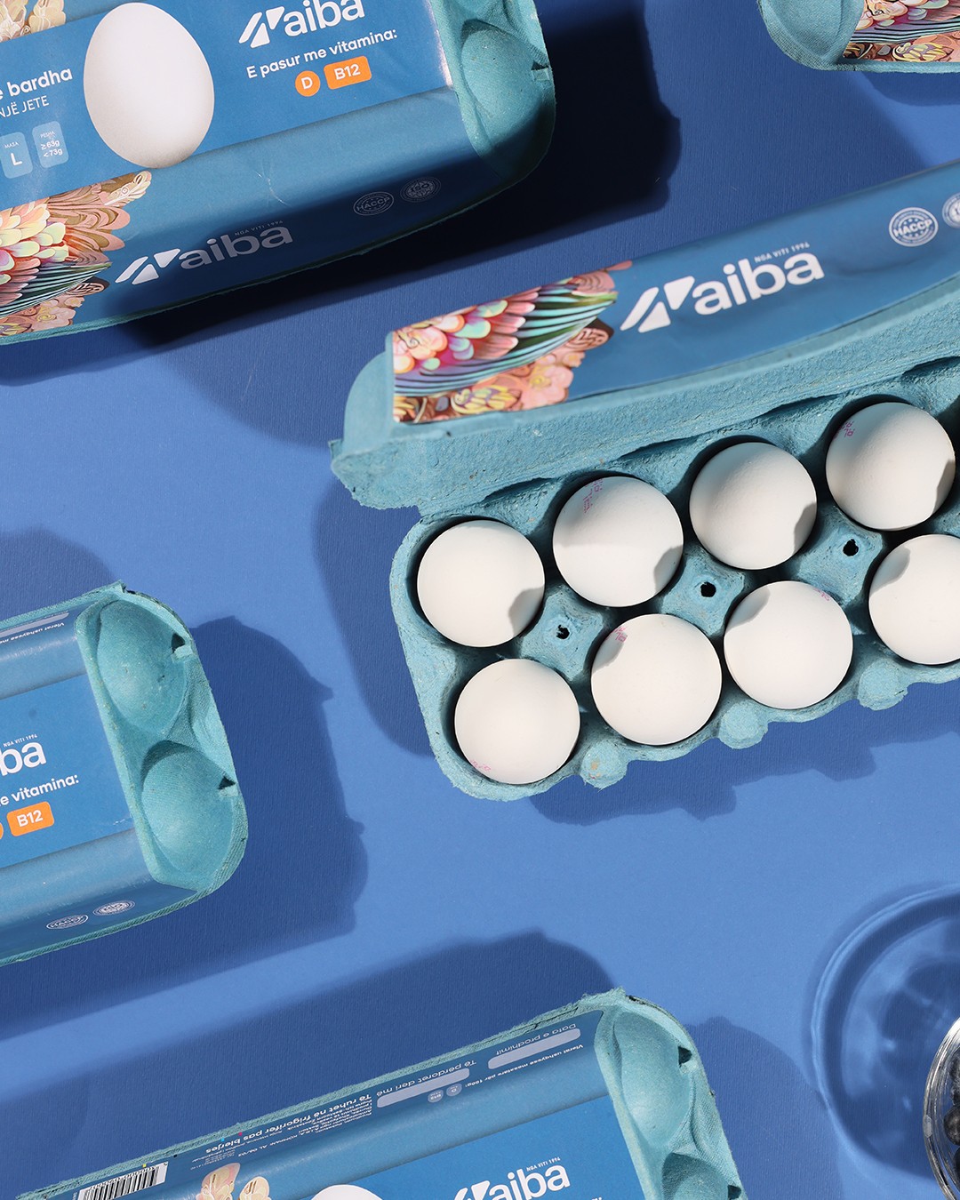 Open AIBA egg cartons on a blue background