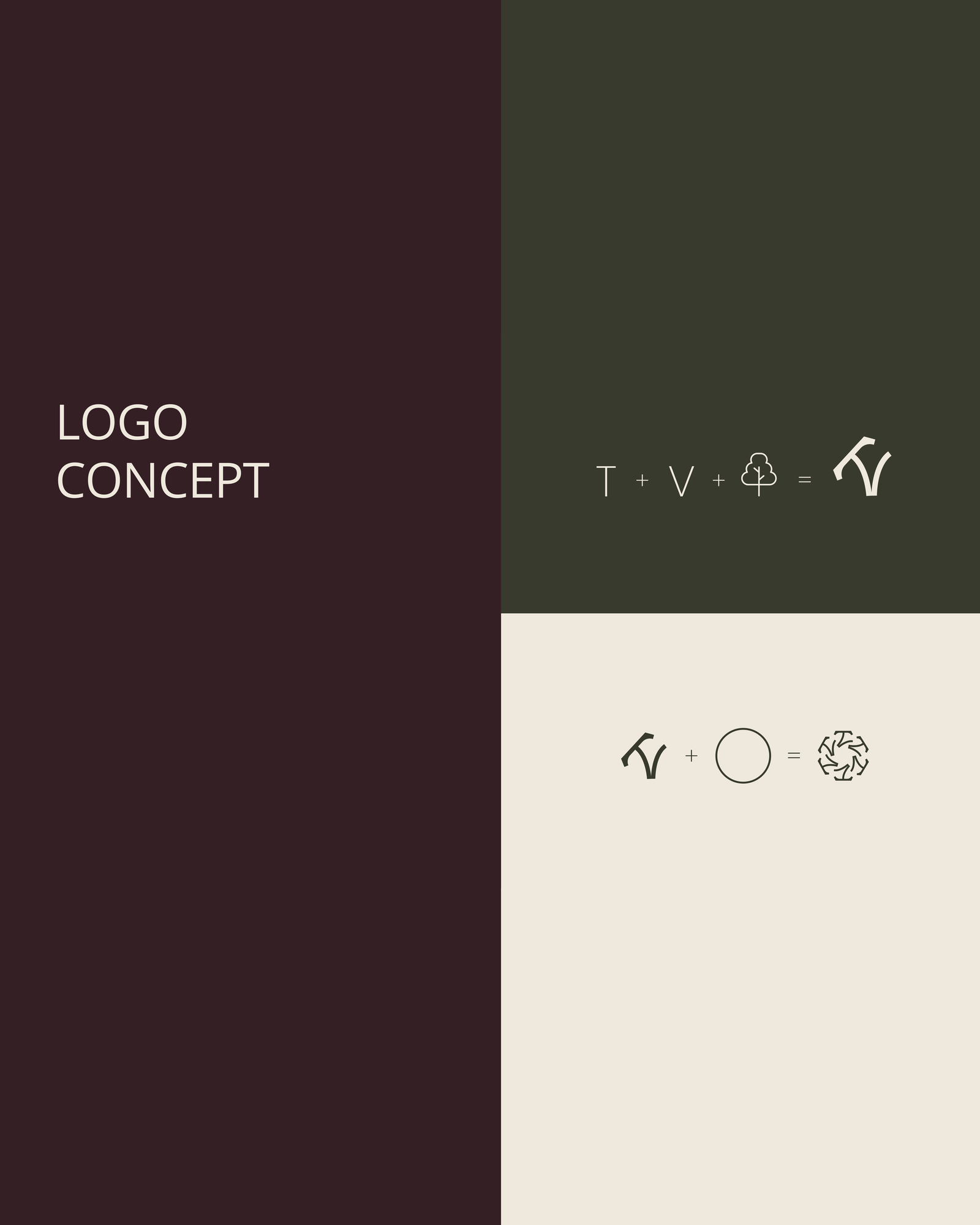 Tirana Villas logo concept: T plus V plus tree forms the mark, repeated in a circle to form the symbol