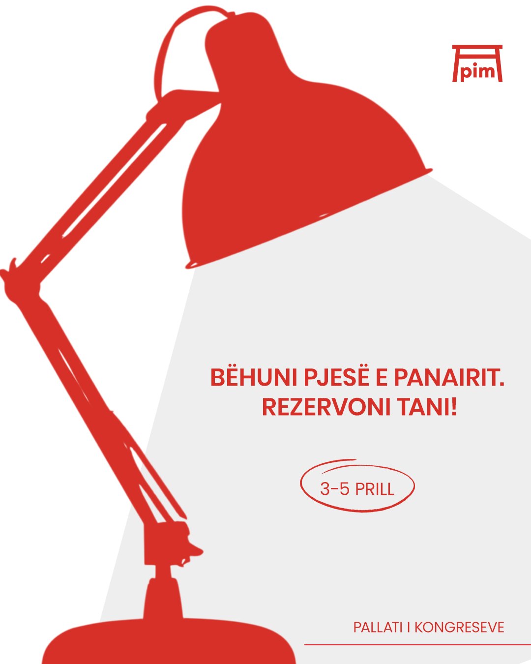 Red desk lamp post: become part of the fair, book now, 3–5 April
