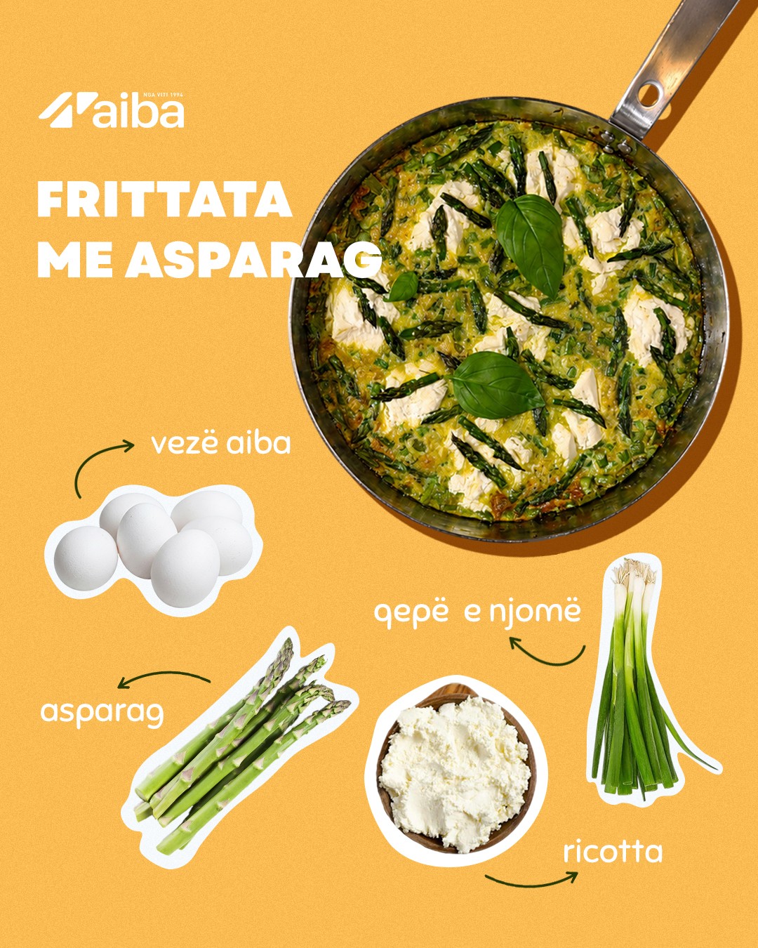 Asparagus frittata recipe with ingredients on yellow