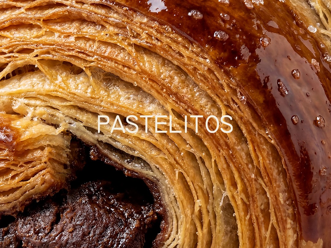 Close-up of a glazed chocolate pastry with the Pastelitos wordmark