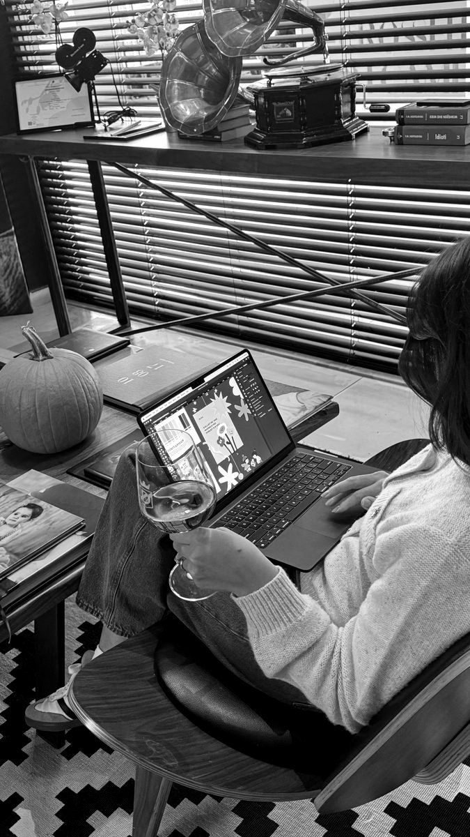 Creative work session with laptop illustration and wine