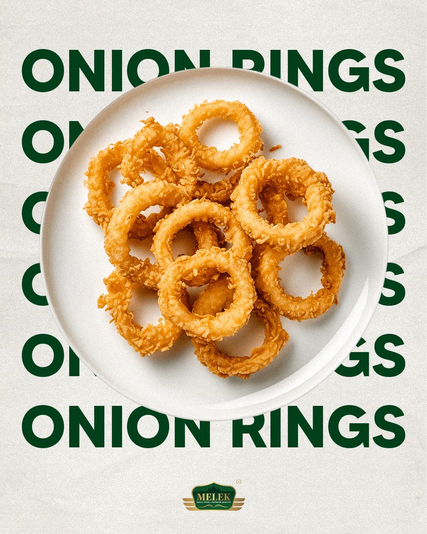 Melek onion rings on a white plate over repeated green type