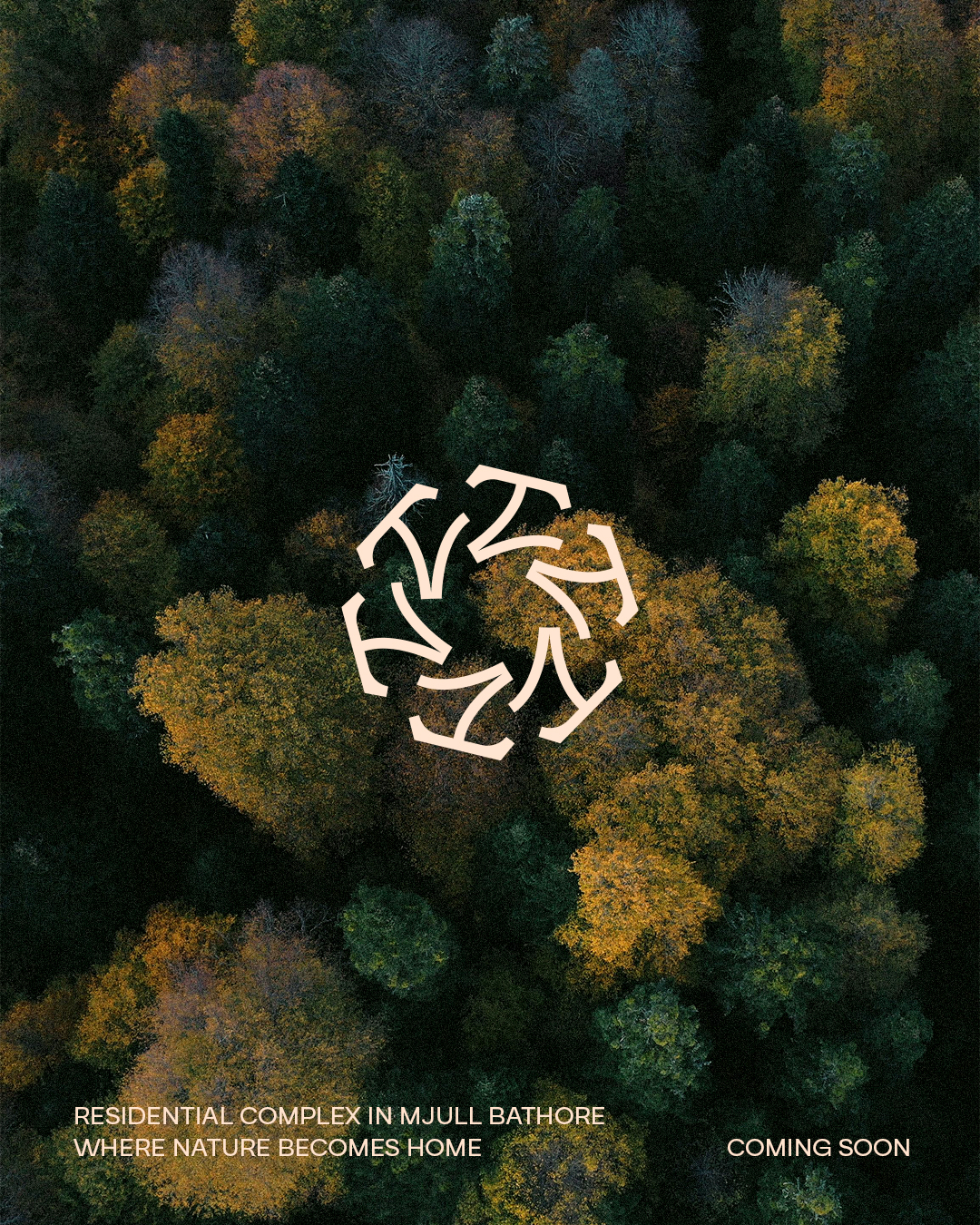 Tirana Villas Coming Soon poster: cream symbol over aerial autumn forest, residential complex in Mjull Bathore