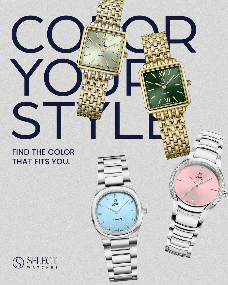 Color your style: Cover watches with green and gold dials on grey