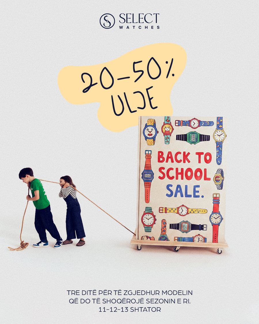 Back to school sale: children pulling a board of illustrated watches