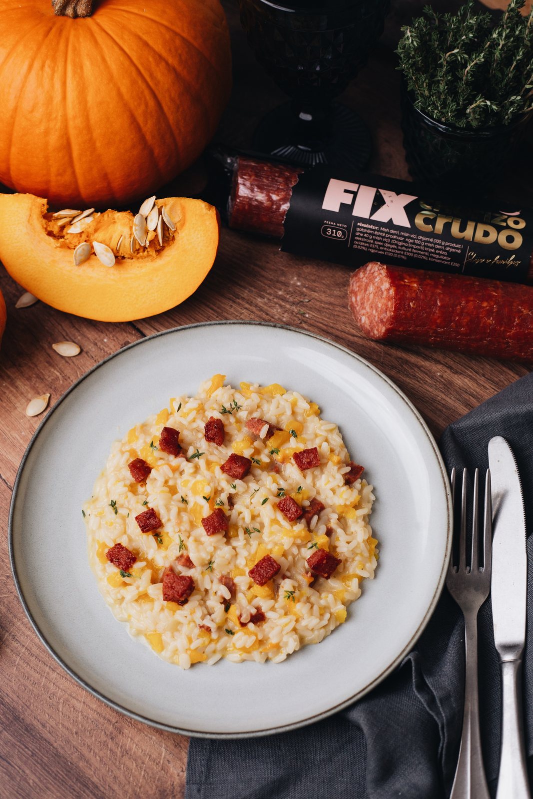 Pumpkin risotto topped with FIX Chorizo Crudo