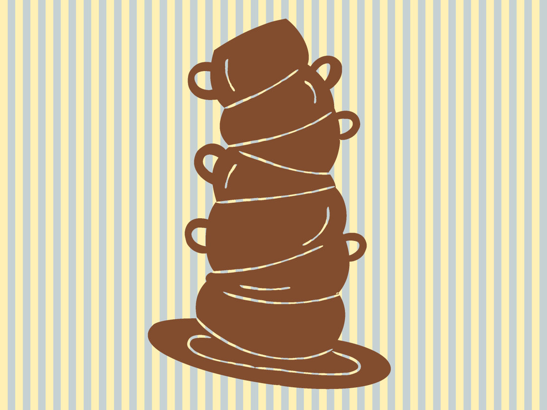 Illustration of stacked brown coffee cups on Pastelitos stripes