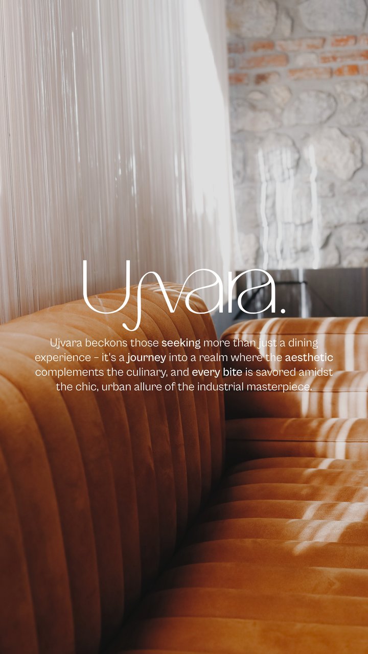 Story: Ujvara wordmark and brand line over the velvet booth