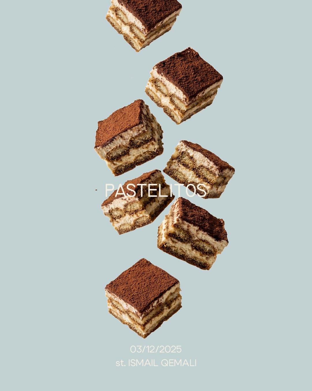 Falling tiramisu squares on powder blue