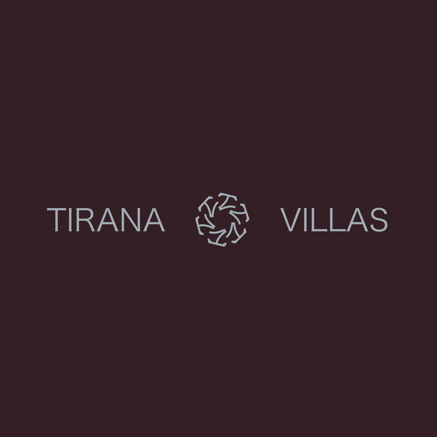 Tirana Villas logo in silver grey on deep burgundy