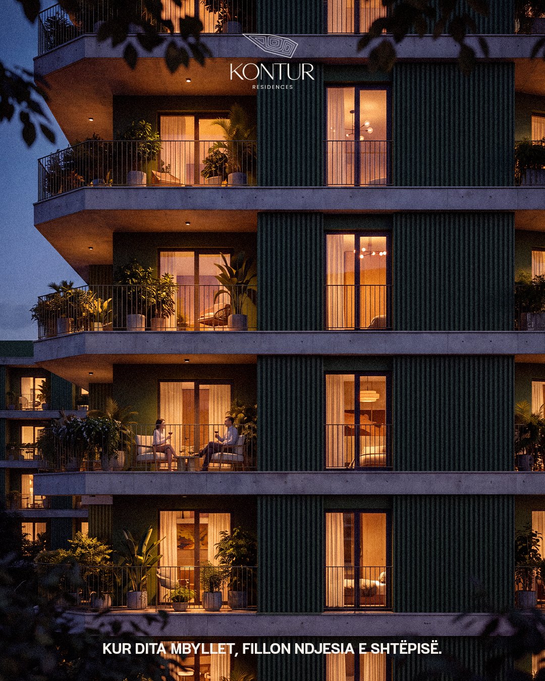 Kontur Residences façade at dusk with a couple on a lit balcony: when the day ends, the feeling of home begins